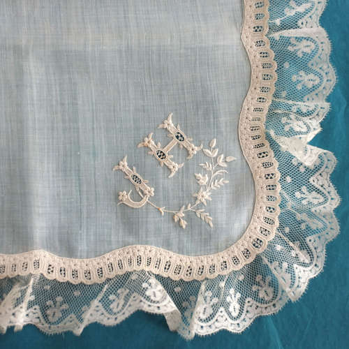 Antique Embroidered Handkerchief with J H Monogram