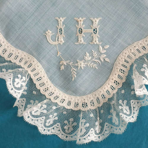 Antique Embroidered Handkerchief with J H Monogram