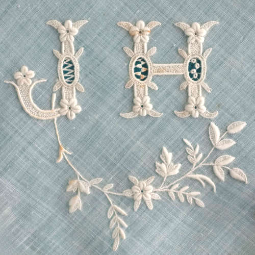 Antique Embroidered Handkerchief with J H Monogram