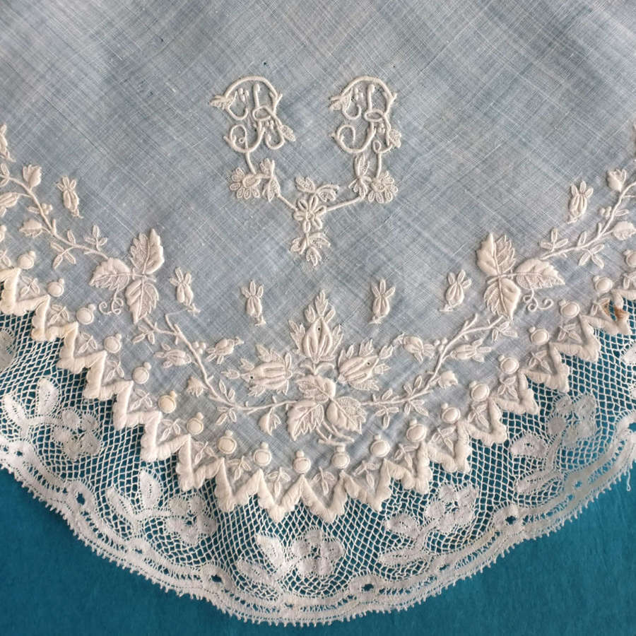 Antique Rosebud and Leaf Embroidered Handkerchief