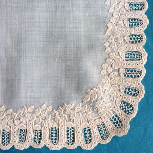 Antique Whitework Hand Embroidered Handkerchief with Leaf Border