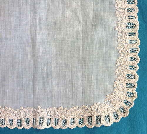 Antique Whitework Hand Embroidered Handkerchief with Leaf Border