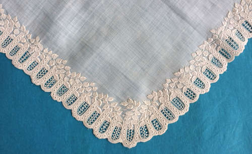Antique Whitework Hand Embroidered Handkerchief with Leaf Border