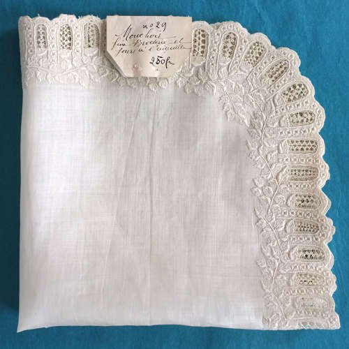 Antique Whitework Hand Embroidered Handkerchief with Leaf Border