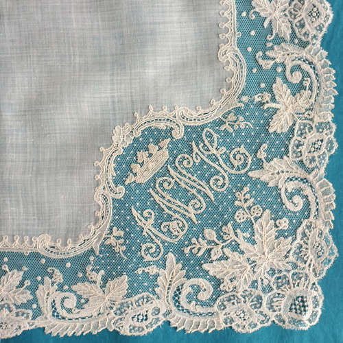 Antique Brussels Mixed Applique Lace Handkerchief with Coronet