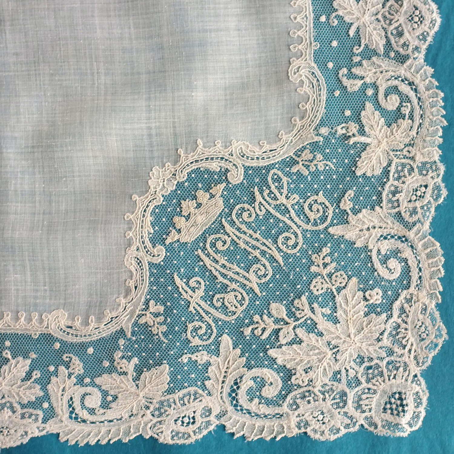 Antique Brussels Mixed Applique Lace Handkerchief with Coronet
