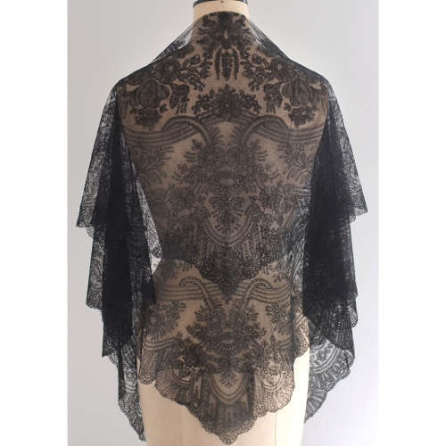 Antique Hand Made Black Chantilly Lace Shawl