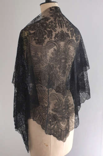 Antique Hand Made Black Chantilly Lace Shawl