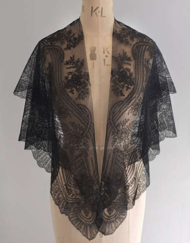 Antique Hand Made Black Chantilly Lace Shawl