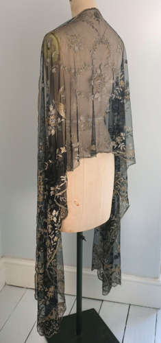 Antique 1920s Gold and Silver Embroidered Net Shawl