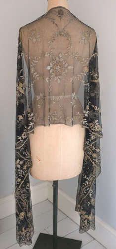 Antique 1920s Gold and Silver Embroidered Net Shawl