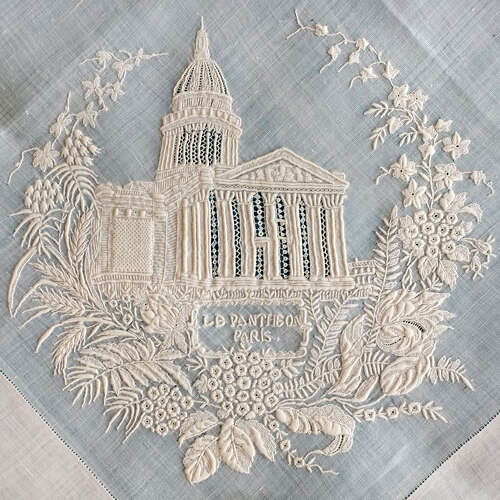Antique Hand Embroidered Handkerchief - Panthéon Paris 1867