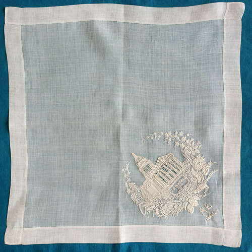 Antique Hand Embroidered Handkerchief - Panthéon Paris 1867