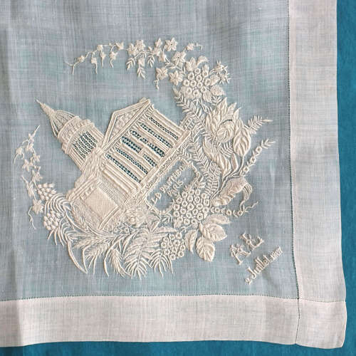 Antique Hand Embroidered Handkerchief - Panthéon Paris 1867