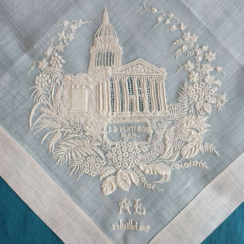 Antique Hand Embroidered Handkerchief - Panthéon Paris 1867