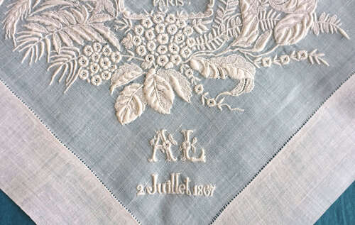 Antique Hand Embroidered Handkerchief - Panthéon Paris 1867