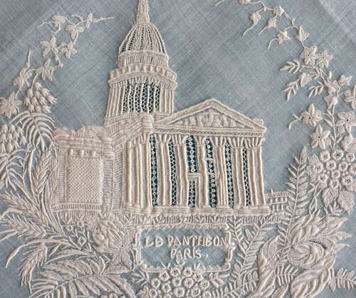 Antique Hand Embroidered Handkerchief - Panthéon Paris 1867