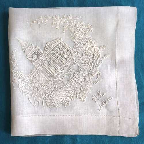 Antique Hand Embroidered Handkerchief - Panthéon Paris 1867