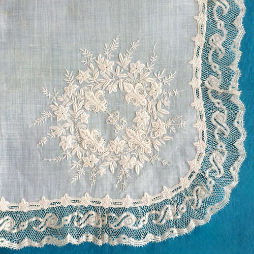 Antique Whitework Embroidered Handkerchief with  MI Monogram