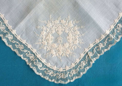 Antique Whitework Embroidered Handkerchief with  MI Monogram