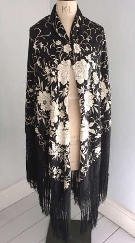 Antique Black and White Silk Embroidered Shawl