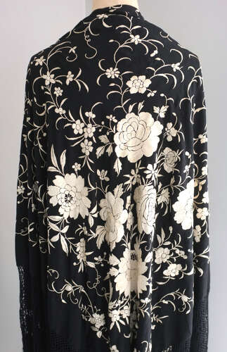 Antique Black and White Silk Embroidered Shawl