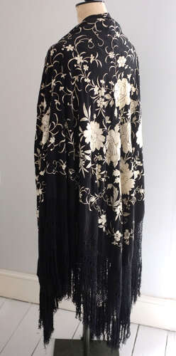 Antique Black and White Silk Embroidered Shawl