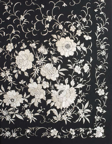 Antique Black and White Silk Embroidered Shawl
