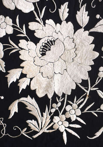 Antique Black and White Silk Embroidered Shawl