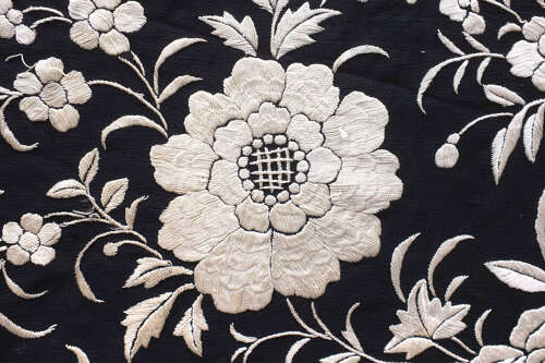 Antique Black and White Silk Embroidered Shawl