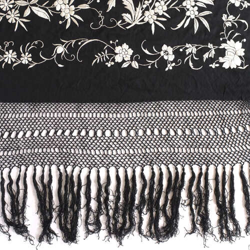 Antique Black and White Silk Embroidered Shawl