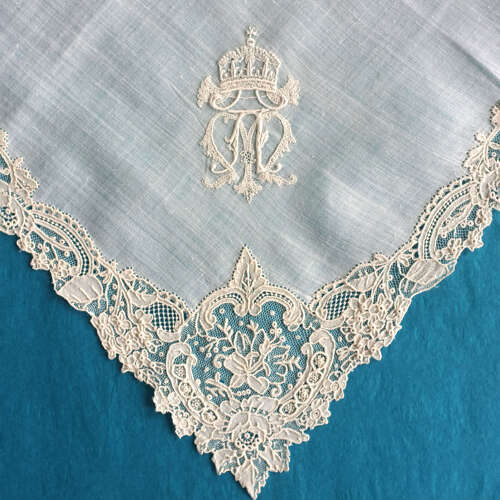 Antique Brussels Point de Gaze Lace Handkerchief with Crest and Crown