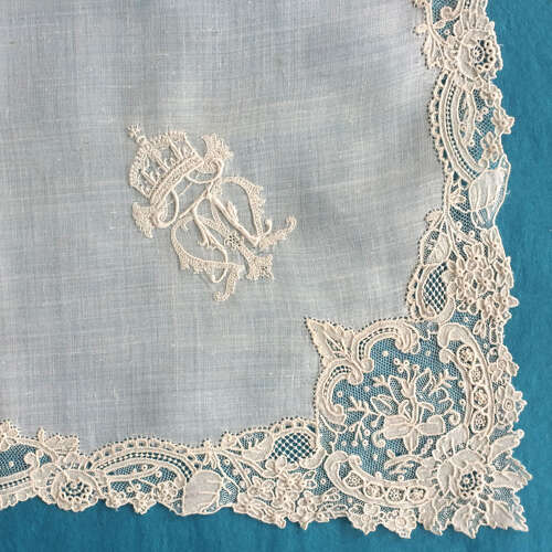 Antique Brussels Point de Gaze Lace Handkerchief with Crest and Crown
