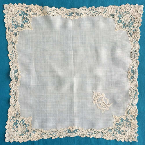 Antique Brussels Point de Gaze Lace Handkerchief with Crest and Crown