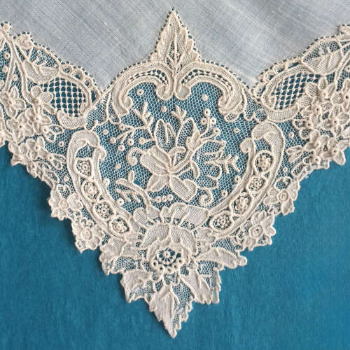 Antique Brussels Point de Gaze Lace Handkerchief with Crest and Crown