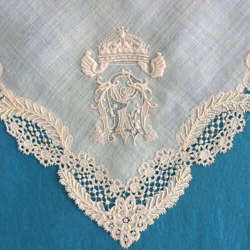 Antique Brussels Lace edged Handkerchief with Crest and Crown.