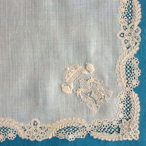 Antique Brussels Lace edged Handkerchief with Crest and Crown.