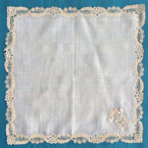 Antique Brussels Lace edged Handkerchief with Crest and Crown.