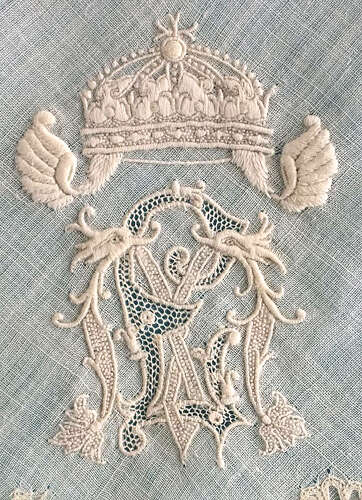 Antique Brussels Lace edged Handkerchief with Crest and Crown.