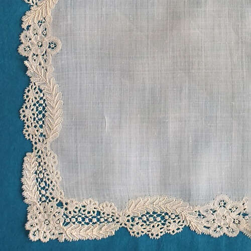 Antique Brussels Lace edged Handkerchief with Crest and Crown.