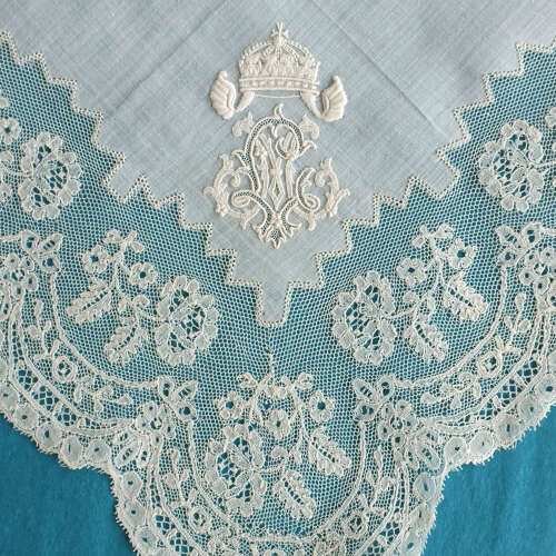 Antique Mechlin Lace Handkerchief with ML Monogram and Bulgarian Crown