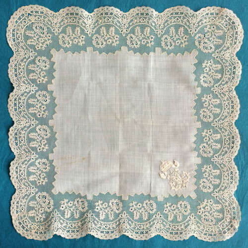 Antique Mechlin Lace Handkerchief with ML Monogram and Bulgarian Crown
