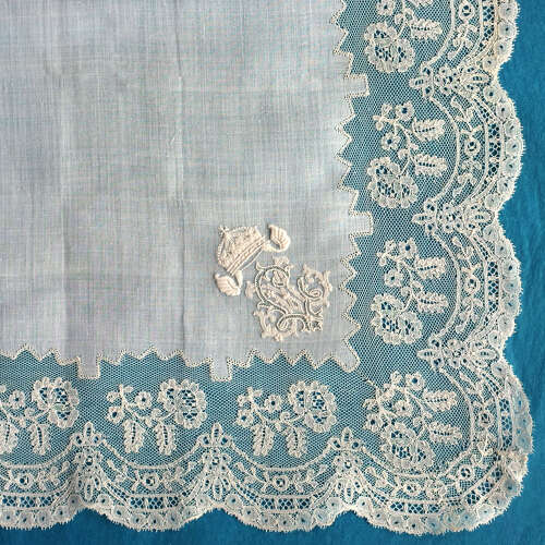 Antique Mechlin Lace Handkerchief with ML Monogram and Bulgarian Crown