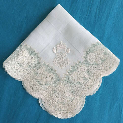 Antique Mechlin Lace Handkerchief with ML Monogram and Bulgarian Crown