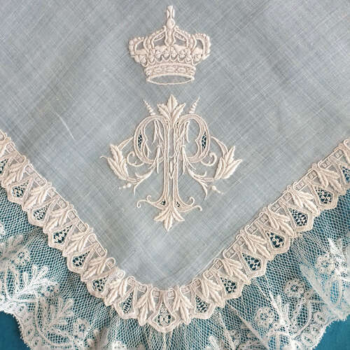 Antique Embroidered Handkerchief with Monogram and Bulgarian Crown.
