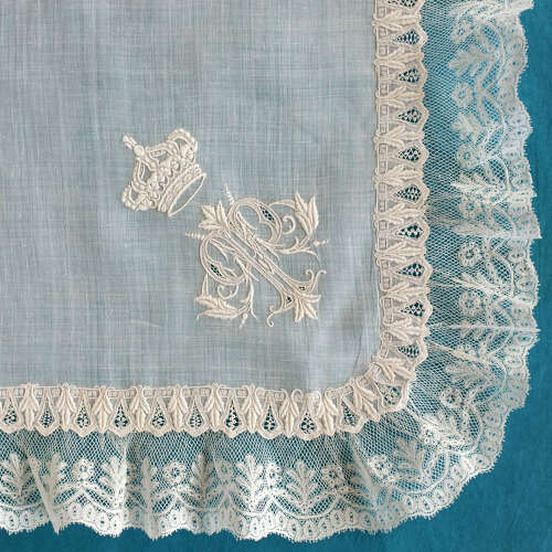 Antique Embroidered Handkerchief with Monogram and Bulgarian Crown.