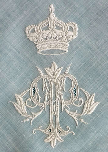 Antique Embroidered Handkerchief with Monogram and Bulgarian Crown.