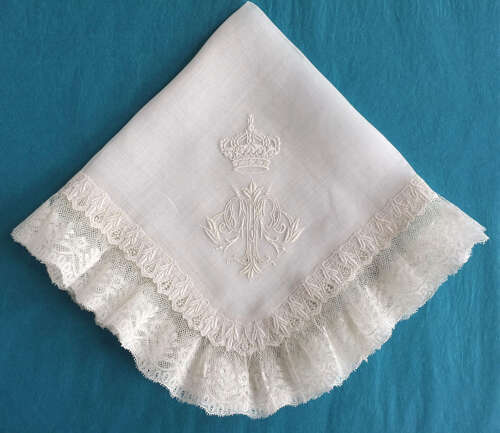 Antique Embroidered Handkerchief with Monogram and Bulgarian Crown.