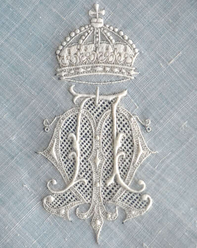Antique Embroidered Handkerchief with ML monogram and Bulgarian Crown