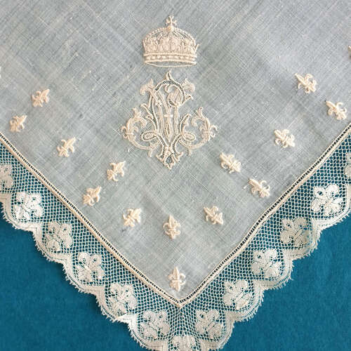 Antique Embroidered Handkerchief with Fleur de Lys and Bulgarian Crown
